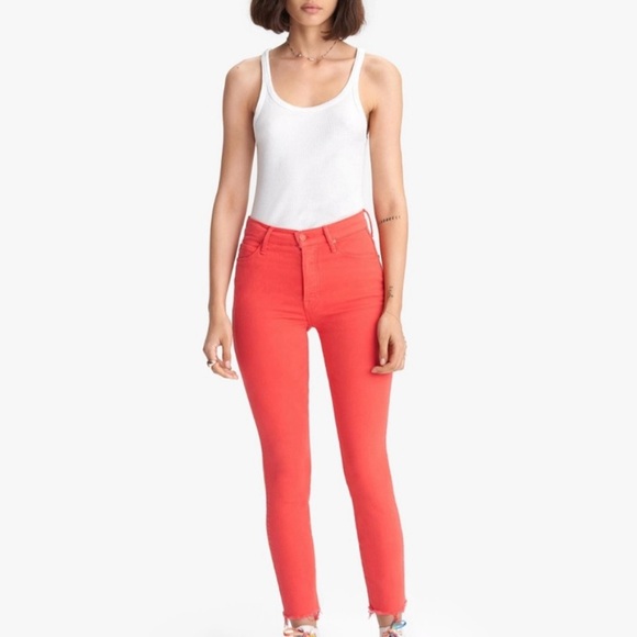 MOTHER Denim - Mother ‘The Stunner’ Ankle Fray, Tomato Color High Rise Skinny Jeans, Button Fly